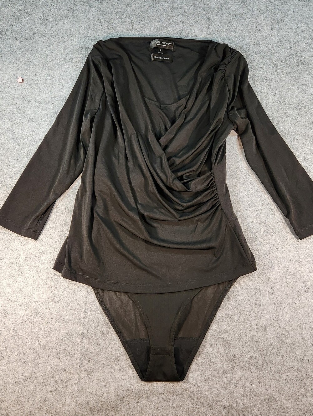 Shape FX Black Draped Cowl Long-Sleeve Bodysuit Size Small